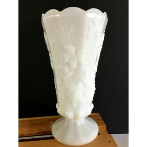 Vintage Westmoreland Paneled Grape Milk Glass Vase Bell Rim White Footed 9"